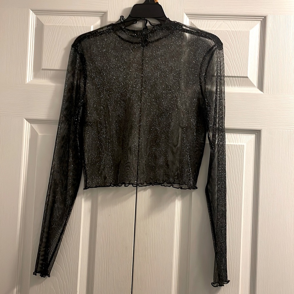 Super cute size L long sleeve sheer crop top black n silver with ruffle trim